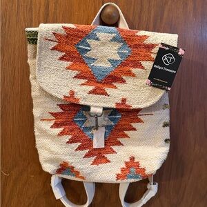 Boho Themed Backpack with Rust-Orange & Teal Tribal Print